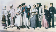 A Magyar Kir�lys�gban �l� nemzetis�gek (rom�n, magyar, szlov�k, n�met) p�ros k�pvisel�i n�pviselet�kben a 19. sz�zadban