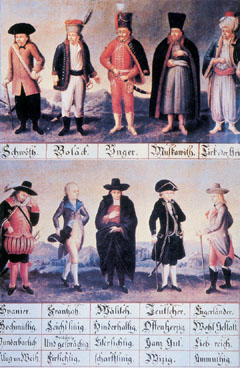 Völkertafel Stájerországból a 18. század elejéről,amelyen a különböző európai népekfőbb jellemzőit ábrázolták. Jellegzetes ruháikbanmutatták be a spanyol, francia,olasz, német, angol, sváb, lengyel, magyar,orosz és török/görög nép képviselőit