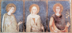 Magyar szentek az Assisi Szent Ferenc-Bazilika falfestményein (1317). Balról jobbra: Szent Erzsébet, Szent Margit, Szent Imre.